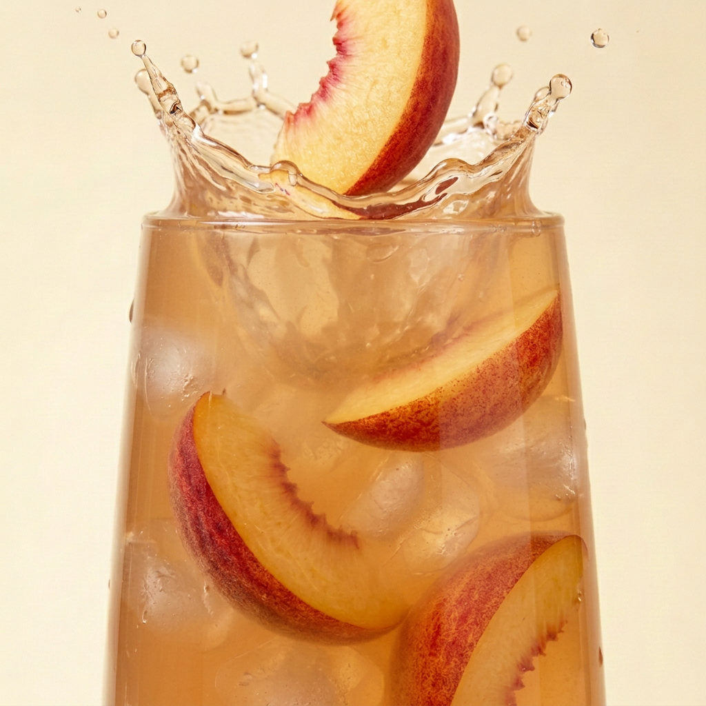 A glass of Spruce Peach Perfect magnesium over ice with peach slices