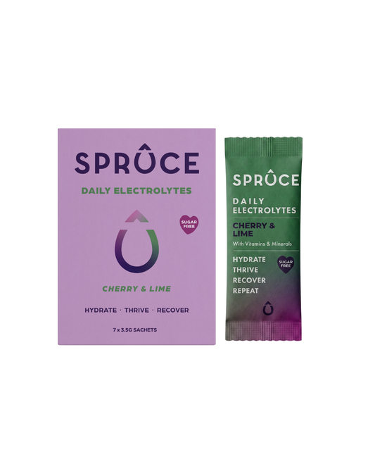 Spruce daily electrolytes packaging with purple box and green sachet on a white background