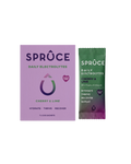 Spruce daily electrolytes packaging with purple box and green sachet on a white background