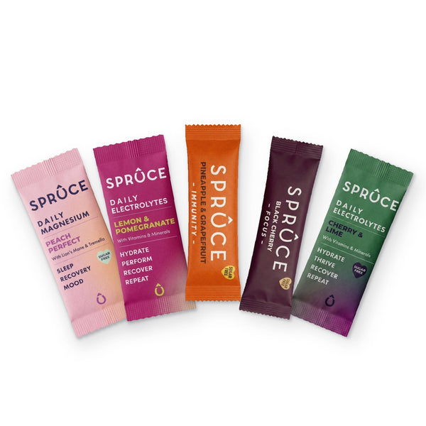 The Mega Bundle: Peach Perfect magnesium, Lemon & Pomegranate and Cherry & Lime electrolytes, Pineapple & Grapefruit and Black Cherry Focus sachets
