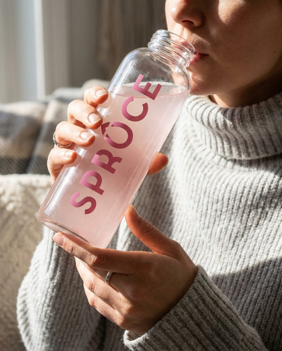 Drinking pink Spruce from a Spruce bottle at home