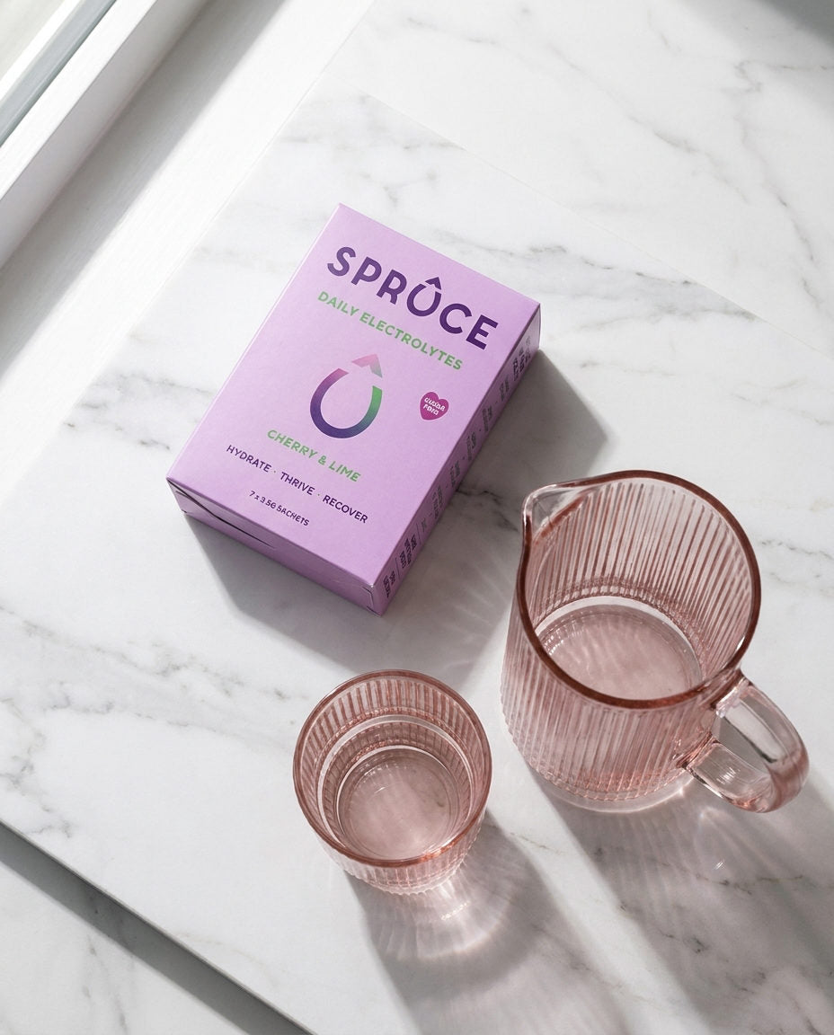 A jug and glass of Cherry & Lime Spruce beside the box