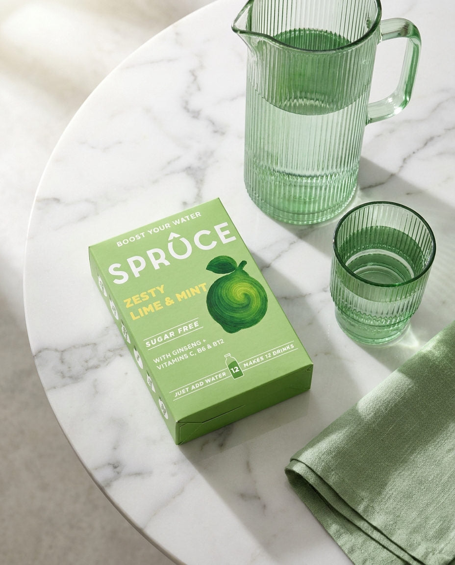 A jug and glass of Lime & Mint Spruce beside the box